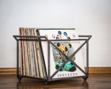 Elegant vinyl record crate with handles, Transparent Finish - Raw metal Look