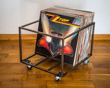LP Album mobile crate on 4 rotating wheels holds over 80 LPs by Atelier Article, Transparent Finish - Raw metal Look