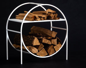 Compact Scandi - Style Round Log Holder with a Kindling Shelf. - Atelier Article