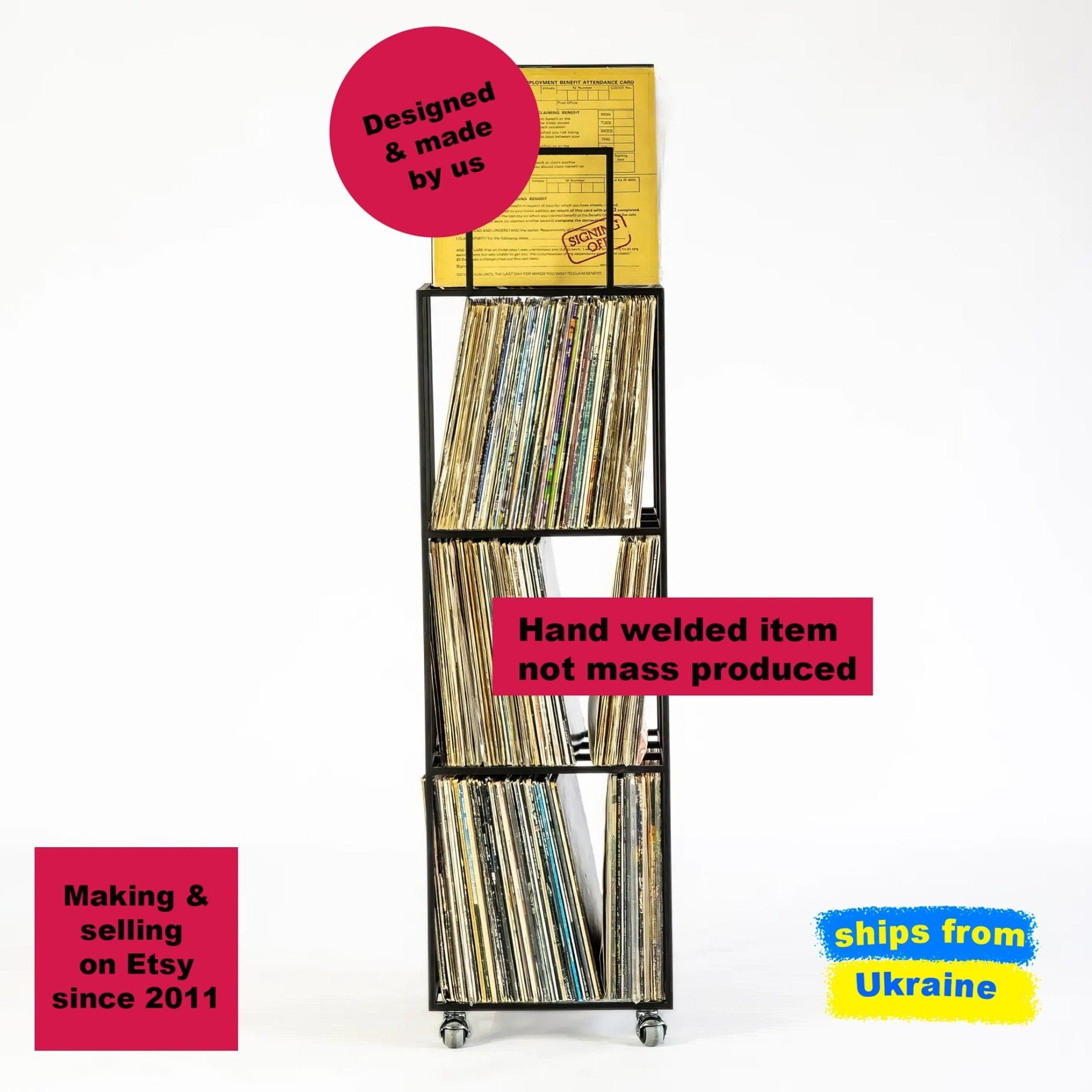 Four - tier Vinyl Record Stand on Rubber Wheels - Atelier Article