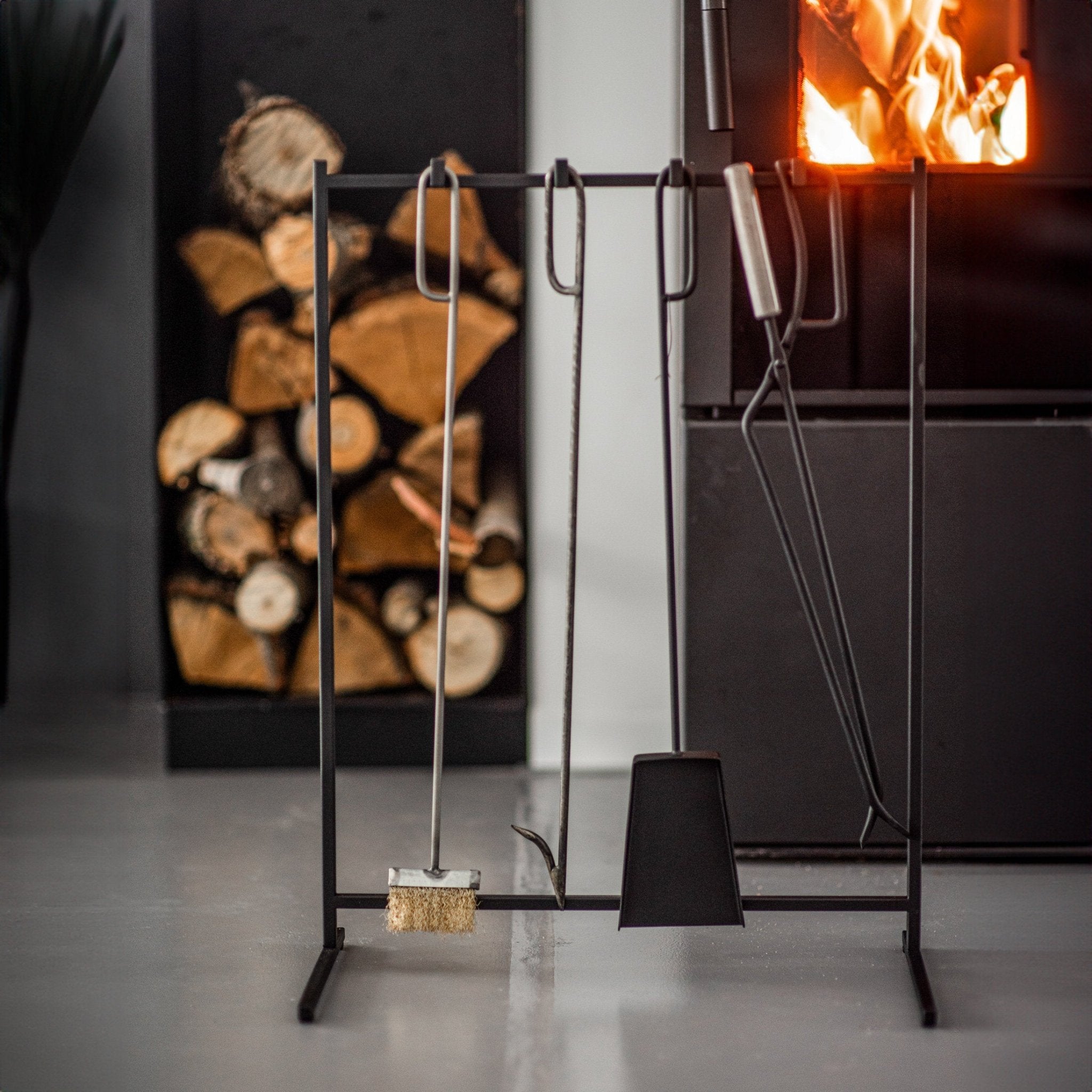 Modern Fireplace Tools with the Stand: Fireplace Poker, Tongs, Shovel, Broom, Hand Forged. - Atelier Article