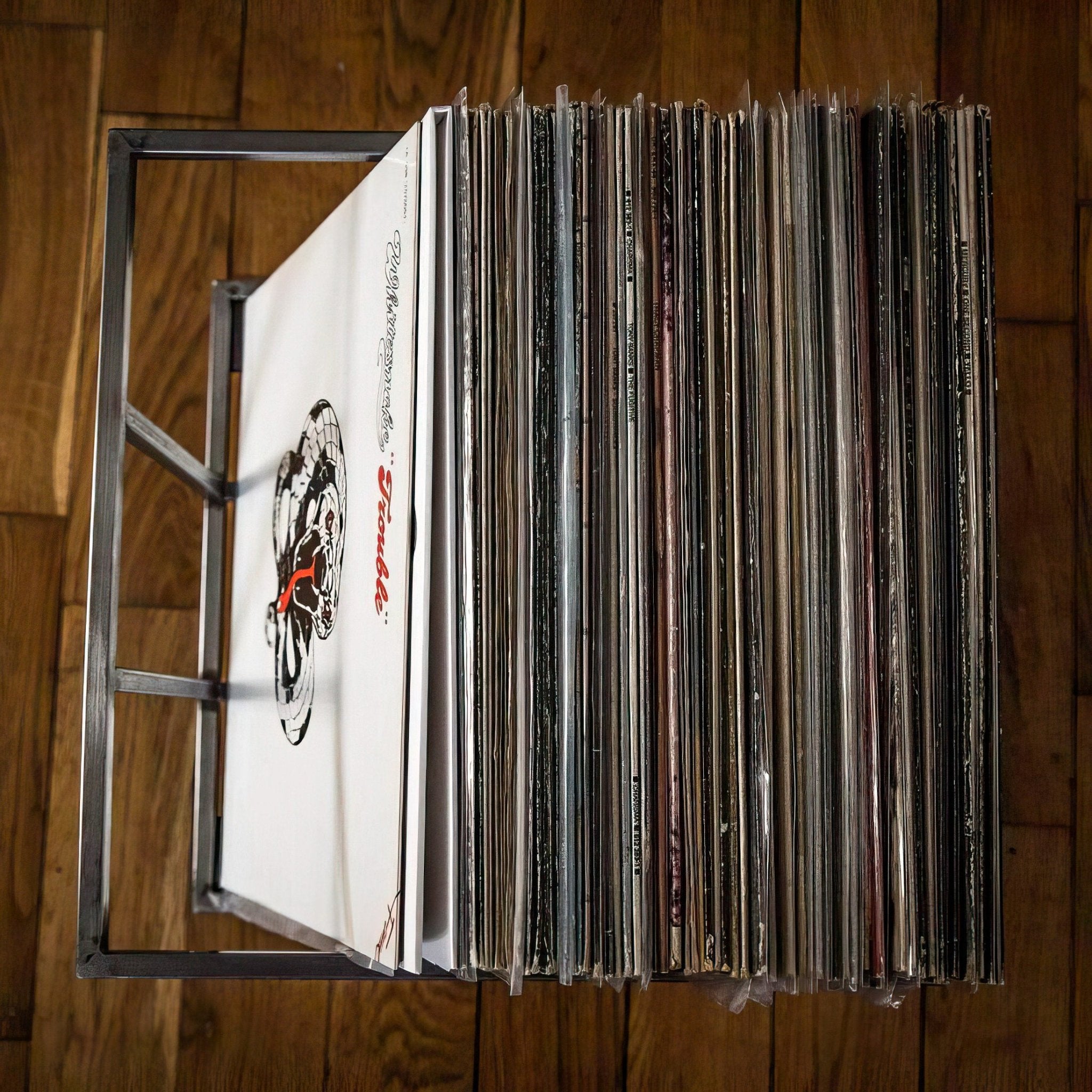 Top View of a Premium Quality Metal Vinyl Record Crate on Wheels - Atelier Article