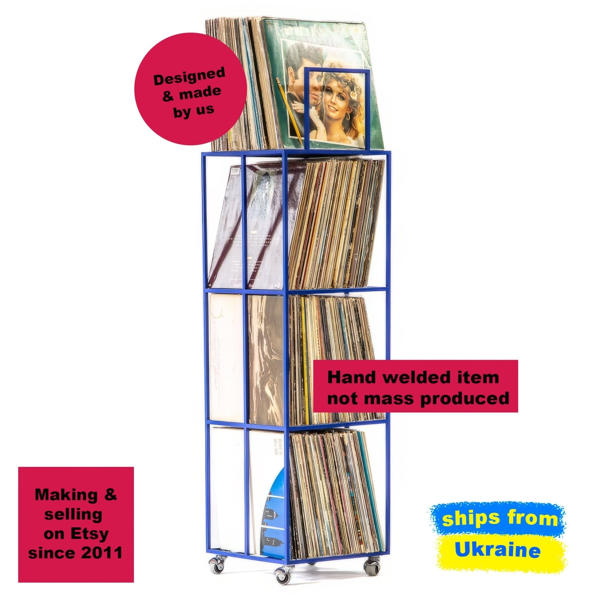 Premium Quality Hand-welded Blue Vinyl Record Four Tier Stand on Wheels. - Atelier Article