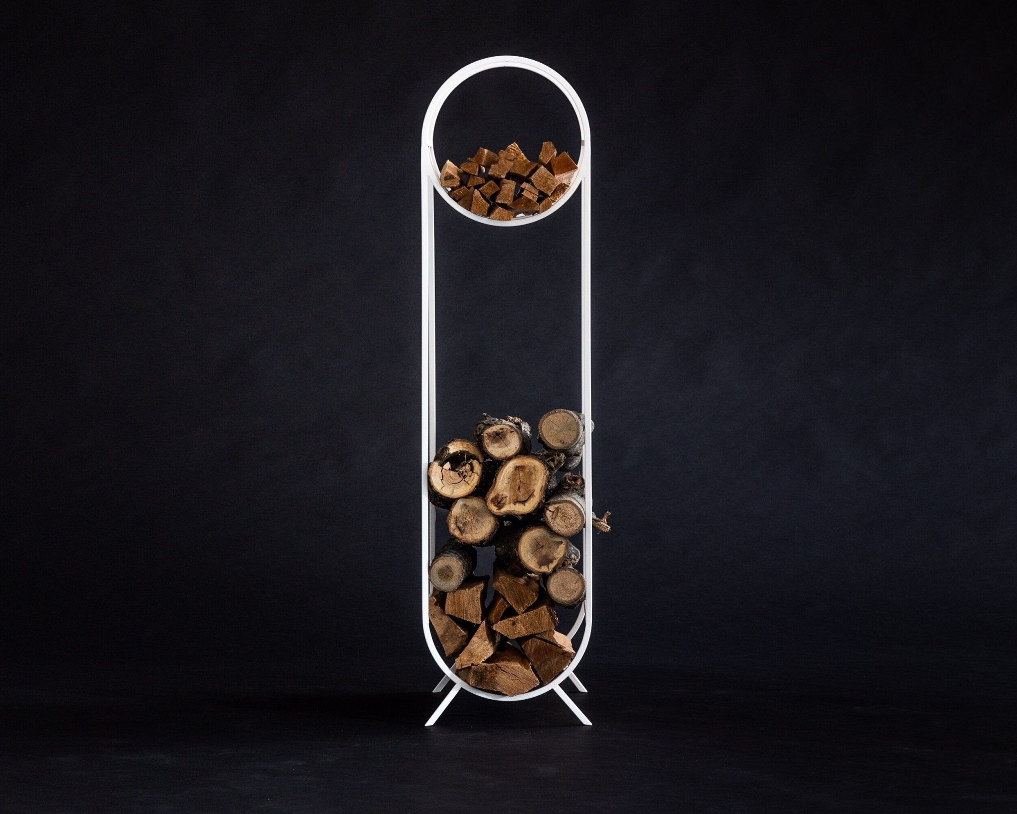 White Metal Log Holder "Bauhaus" Firewood Storage With a Round Kindling Section. - Atelier Article