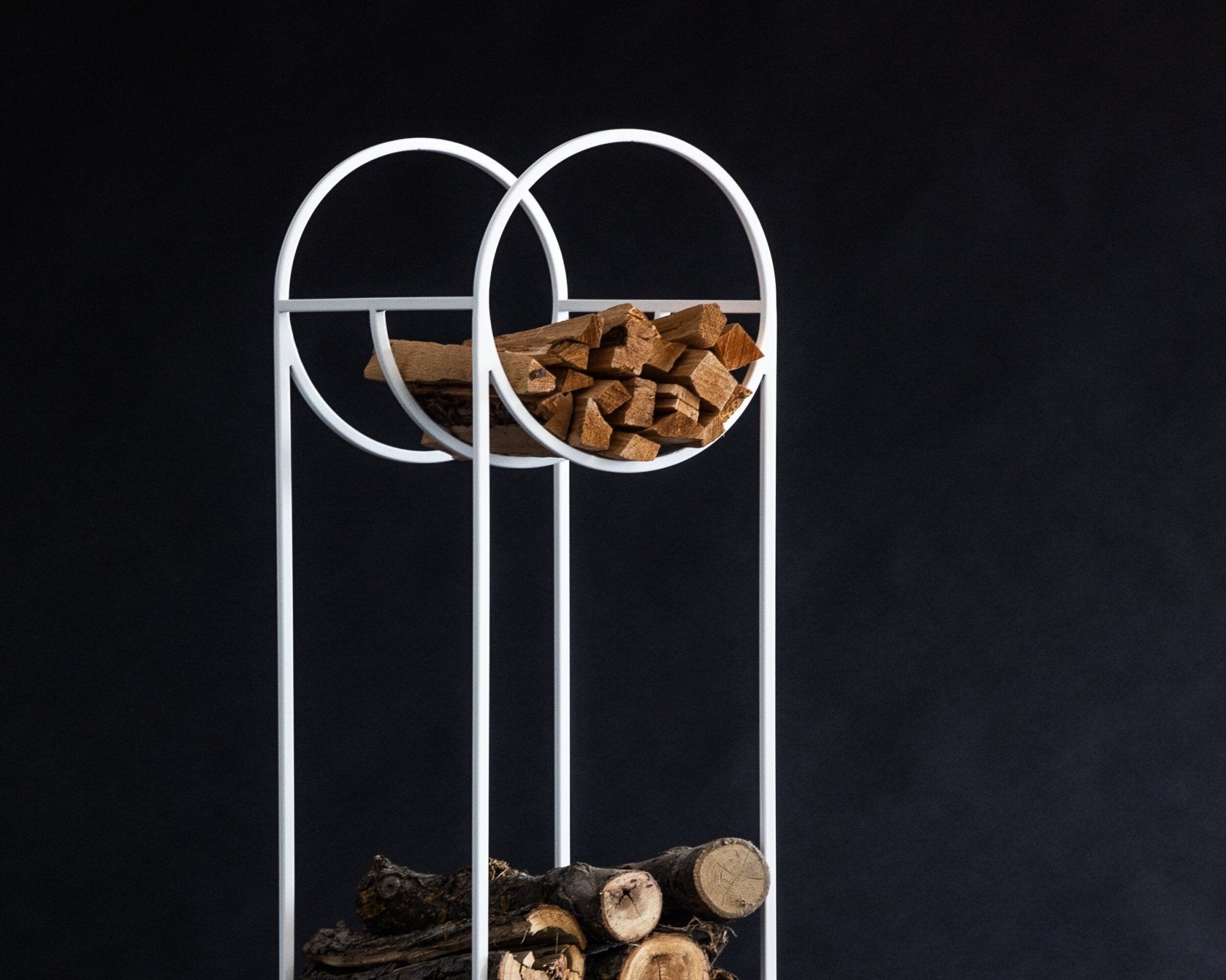 White Metal Log Holder "Bauhaus" Firewood Storage With a Round Kindling Section. - Atelier Article