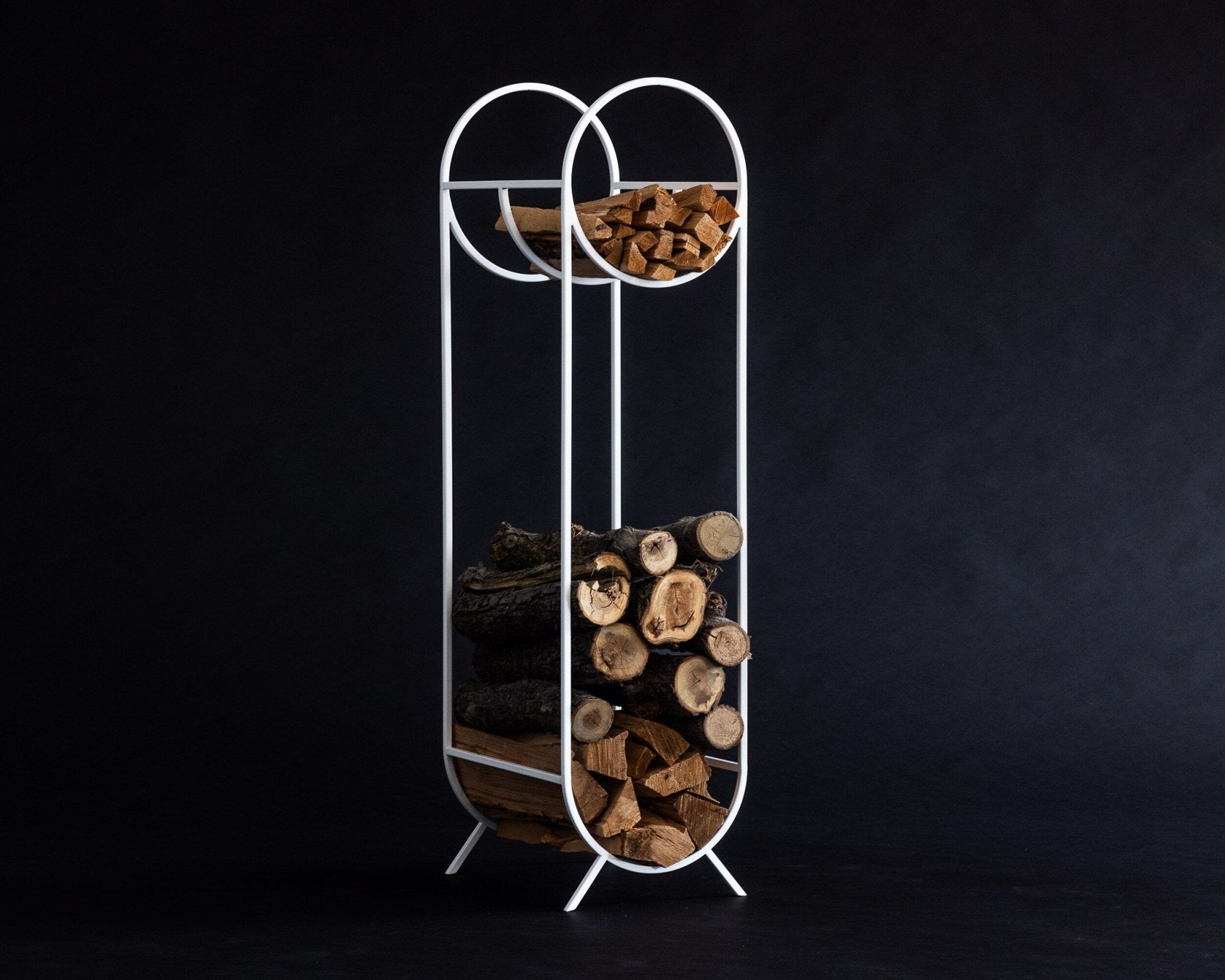 White Metal Log Holder "Bauhaus" Firewood Storage With a Round Kindling Section. - Atelier Article