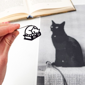 "Sleeping Cat on the book" Metal Bookmark, Black