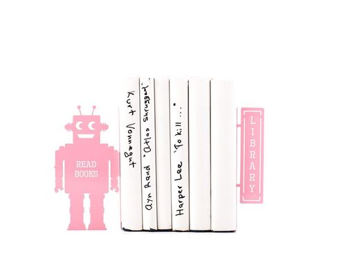 Nursery Bookends «Robots read too II» Pink edition by Atelier Article, Pink