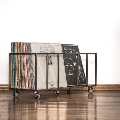 Vinyl Record Crate "Twins" Mobile Unit With Small Footprint, Transparent Finish - Raw metal Look, 100 LP model
