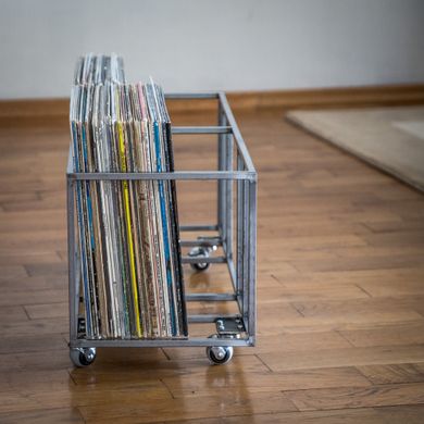 Vinyl Record Crate "Twins" Mobile Unit With Small Footprint, Transparent Finish - Raw metal Look, 100 LP model