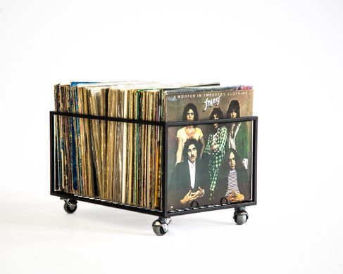 Record holder on rotating wheels holds over 100 LP records by Atelier Article, Blue