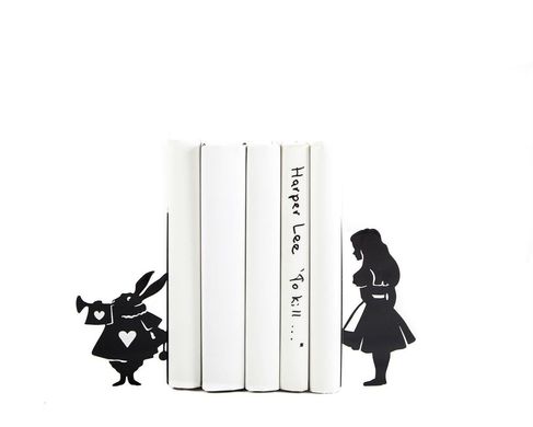 Metal Bookends "Alice and White Rabbit " Lewis Carroll tribute by Atelier Article, Black